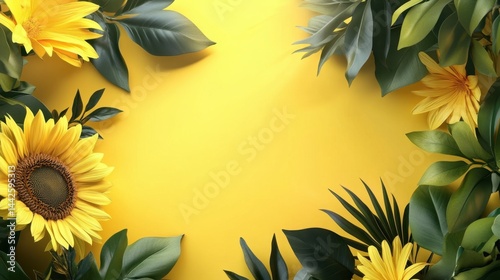 Obraz na płótnie Bright yellow sunflowers and lush green leaves frame a vivid yellow background w salonie
