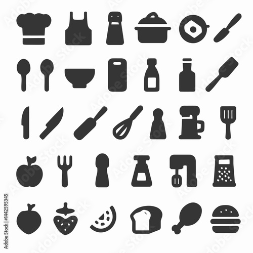 Set of black cooking and food icons including chef hat, apron, salt shaker, pot, frying pan, knife, spoon, cutting board, bowl, whisk, peeler, kitchen tools, vegetables, fruit, bread, chicken leg, bur
