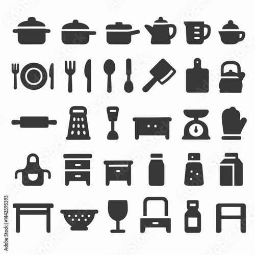 Set of black kitchen utensil and cookware icons including pots, saucepan, teapot, measuring cup, plate, cutlery, ladle, cleaver, cutting board, kettle, rolling pin, grater, spatula, kitchen scale, ove