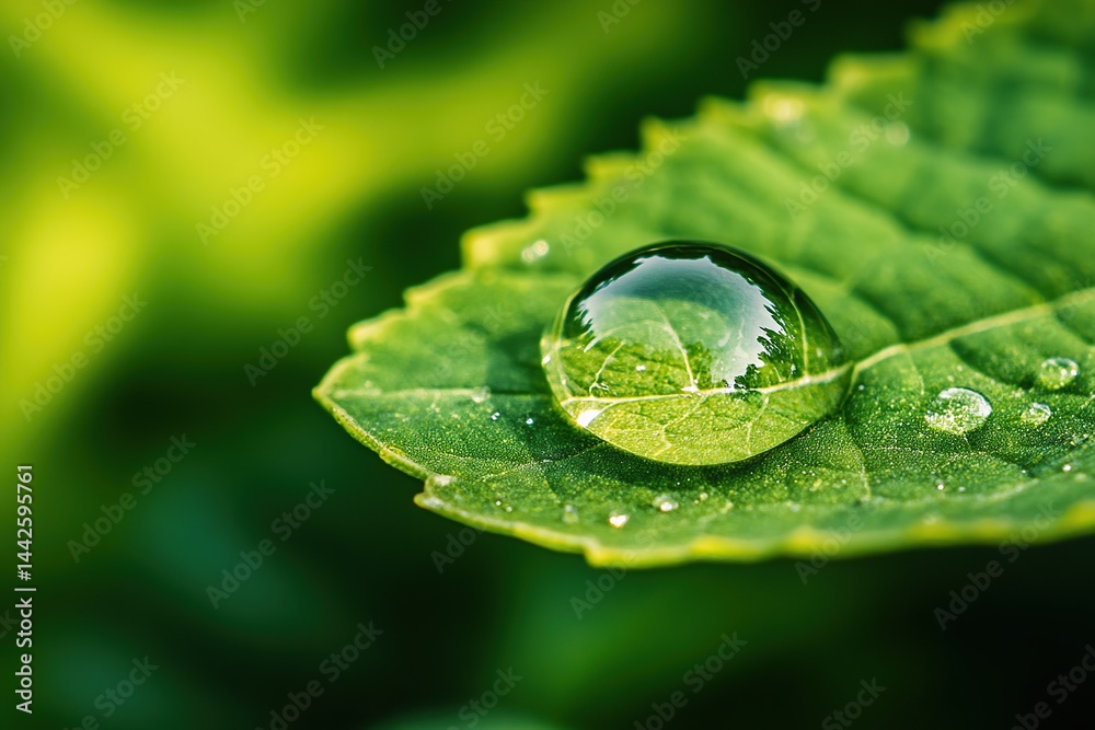 Water droplet resting on a leafy green surface in a natural setting