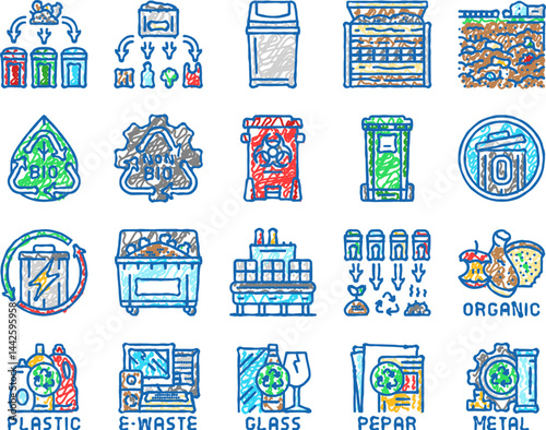 waste sorting garbage plastic icons hand drawn