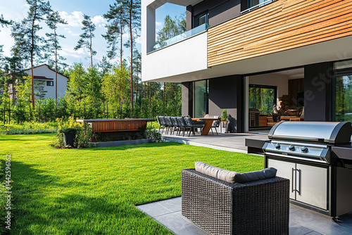 Backyard barbecue area with grill, seating, and lush green lawn in tranquil setting