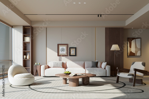 Large luxury modern bright interiors Living room mockup illustration 3D rendering image