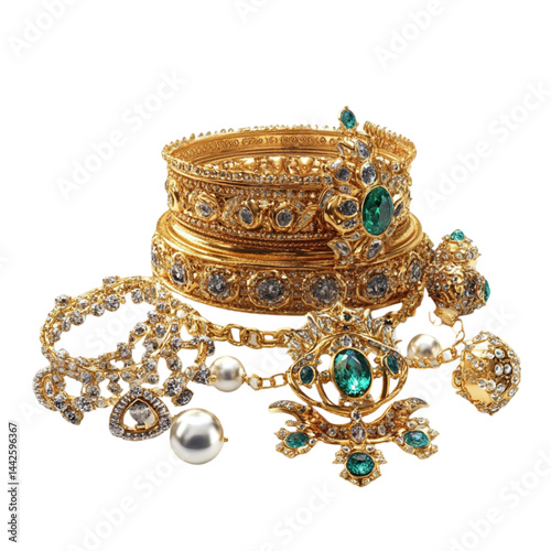 Gold jewelry set with diamonds and emeralds bangles earrings necklace