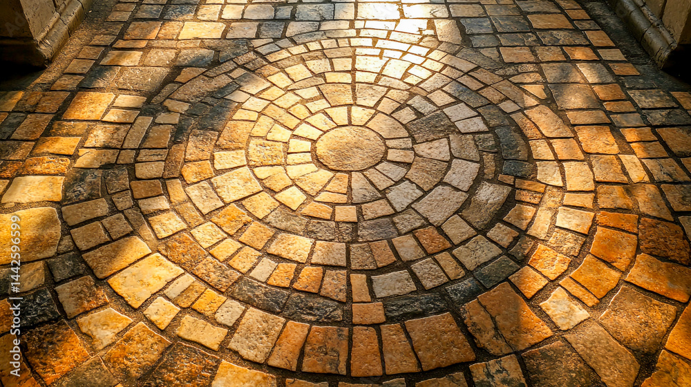 Fototapeta premium Sunlit Stone Mosaic Pavement with Archway Details
