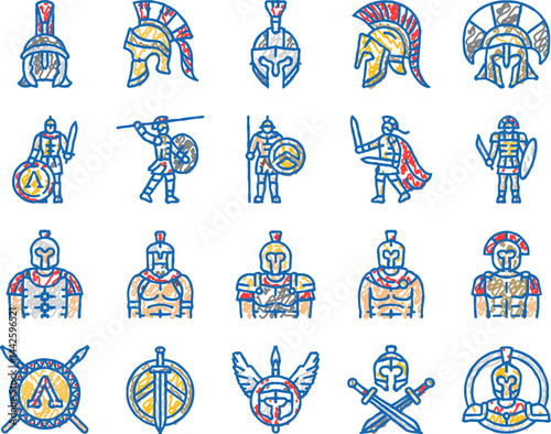 spartan warrior helmet roman icons hand drawn