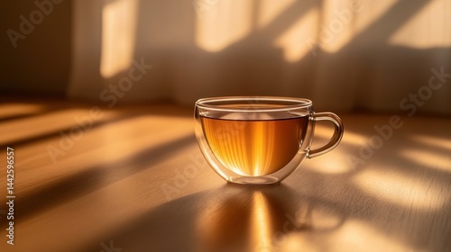 A glass teacup with tea rests on a wooden surface beautifully photo