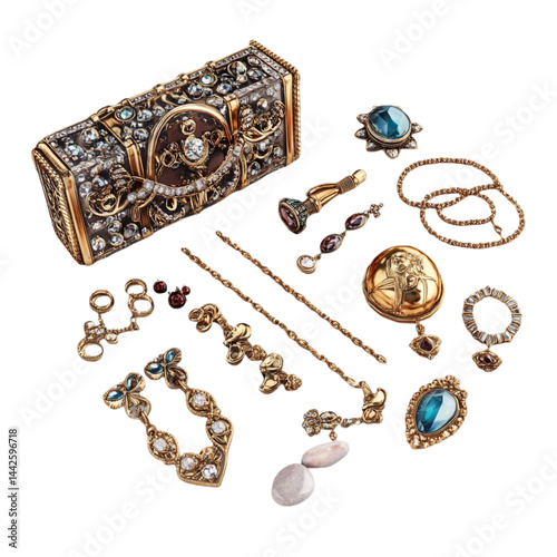 Ornate jewelry box and gold necklaces displayed against a colorful striped background