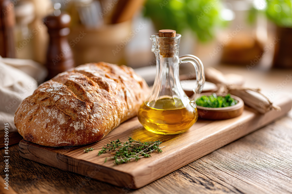Freshly baked bread with olive oil and herbs on a wooden cutting board in a cozy kitchen