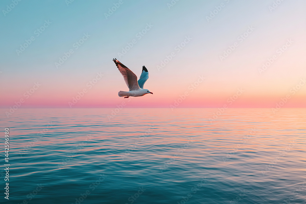 Seagull gliding above calm sea during pastel sunset sky in tranquil coastal atmosphere