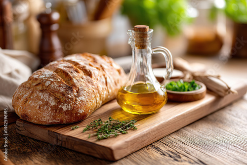 Obraz na płótnie Freshly baked bread with olive oil and herbs on a wooden cutting board in a cozy kitchen w salonie