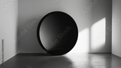 An empty room features a circular black object on a wall
