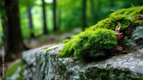 Green moss with natural colours in peaceful forest concept. Lush green moss covering a rocky surface.