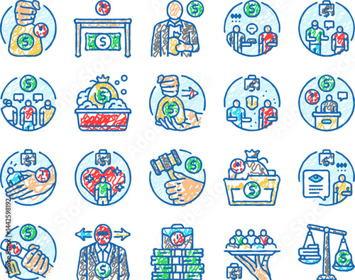 corruption money business cash icons hand drawn