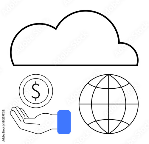 Cloud above a globe and hand holding coin, representing digital economy, global access, data sharing, financial growth. Ideal for technology, finance, connectivity, global reach data economy
