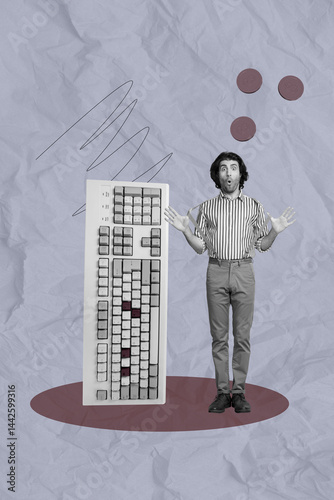 Contemporary artwork image collage of shocked businessman sit keypad wireless device freelancer tool desktop electronic qwerty