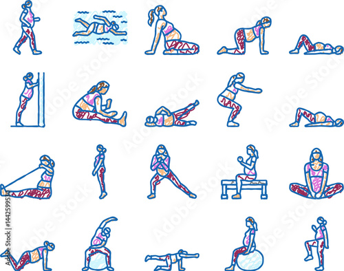 pregnant fitness icons hand drawn