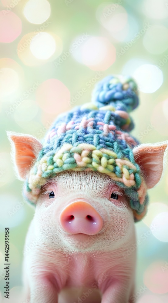 Fototapeta premium A cute little pig wearing a colorful knitted hat, set against a pastel-colored, bokeh background