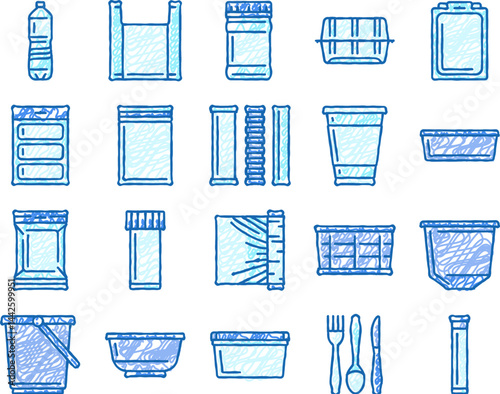 plastic packaging food container icons hand drawn