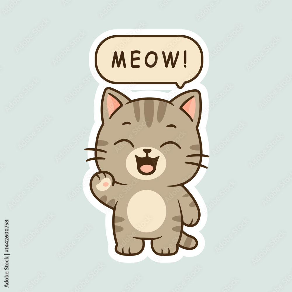 Obraz premium Cute Chibi Cat Say Meow with Speech Bubble