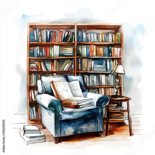 contemporary home library, watercolor drawing, isolated on a white background. contemporary home library vector.