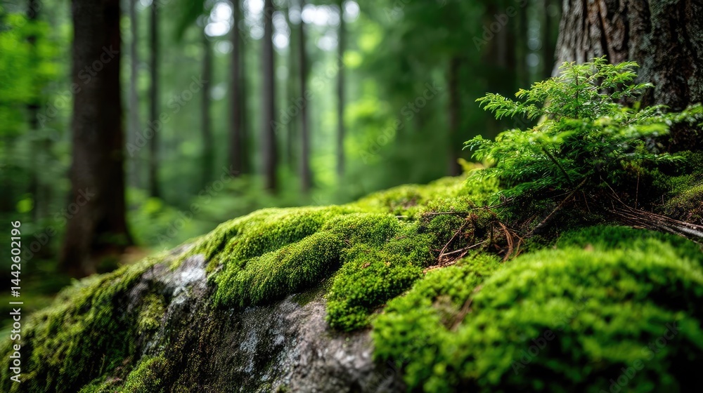 Naklejka premium Green moss with natural colours in peaceful forest concept. Lush green moss covering a rocky surface.