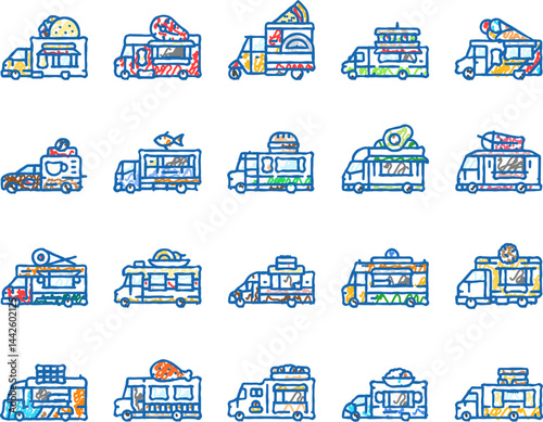 food truck street mobile cuisine icons hand drawn