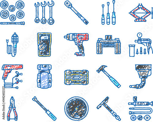 car repair tools wrench icons hand drawn