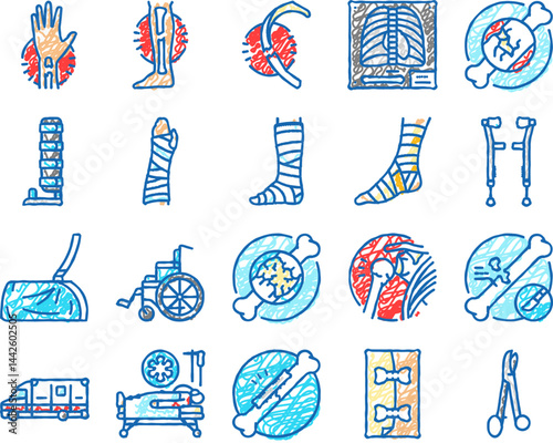 fracture injury bone break icons hand drawn