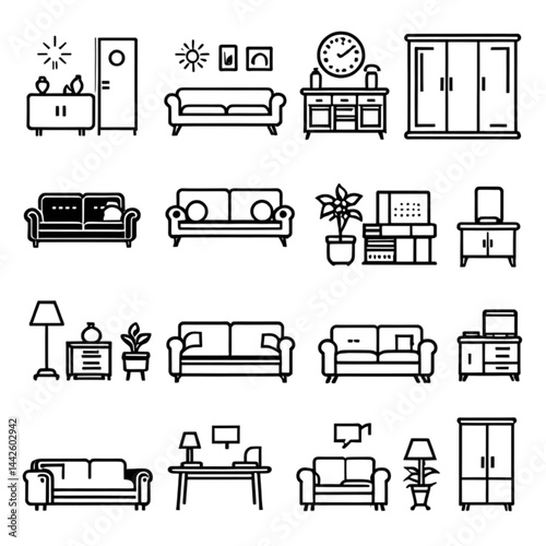 リビングルームと家具アイコンセット｜Living Room and Furniture Icon Set