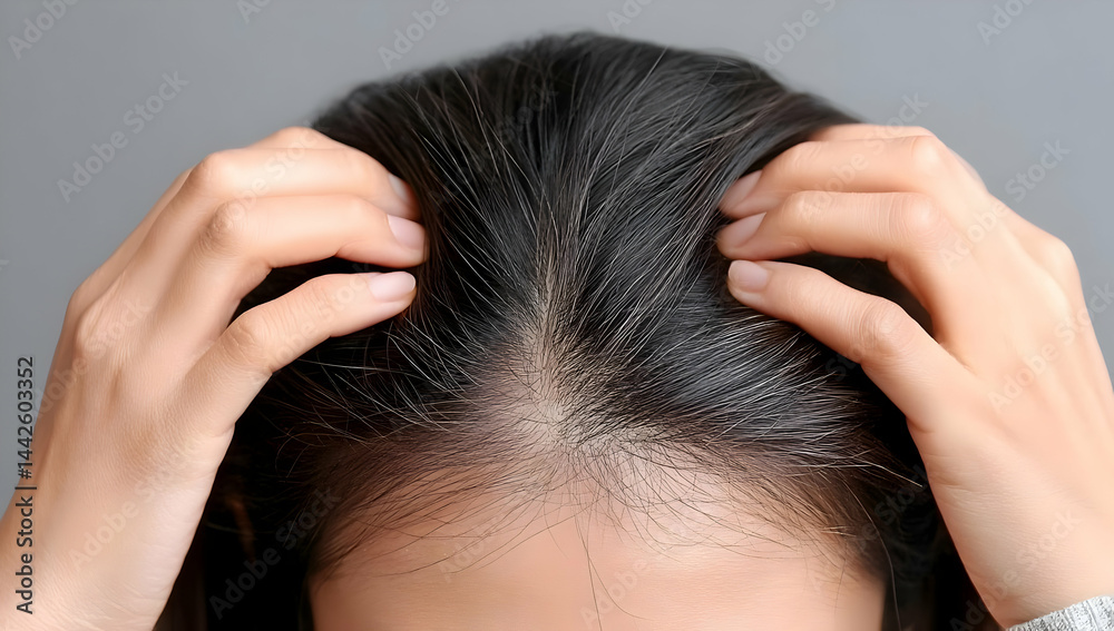 A close-up image of a person gently massaging their scalp, evoking feelings of relaxation and stress relief. Ideal for wellness and self-care themes. A close-up image of a person gently massaging their scalp, evoking feelings of relaxation and stress relief. Ideal for wellness and self-care themes.