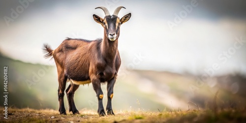 Dark brown goat standing alone in a white background with a slight blur effect , nature, landscape photo