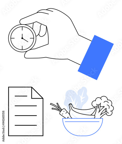 Hand holding clock signifies time, document represents planning, and food bowl symbolizes nutrition. Ideal for time management, healthy habits, meal prep, productivity, priorities, routine building