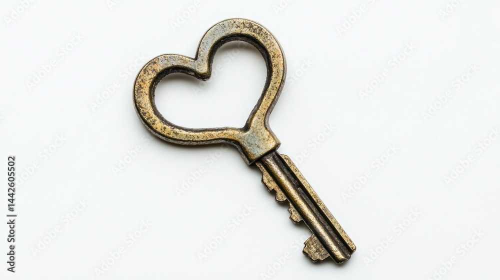 Single key with heart-shaped top on white background. Single key with heart-shaped top on white background.