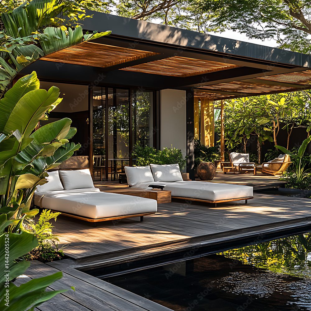 Fototapeta premium Sleek deck with dark wood planks and minimalist white furniture, framed by dense tropical plants., The setting includes comfortable seating areas and water features,