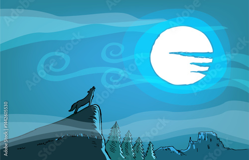 A Wild Dog or Wolf howls on a cliff during a full moon. Editable Clip art.
