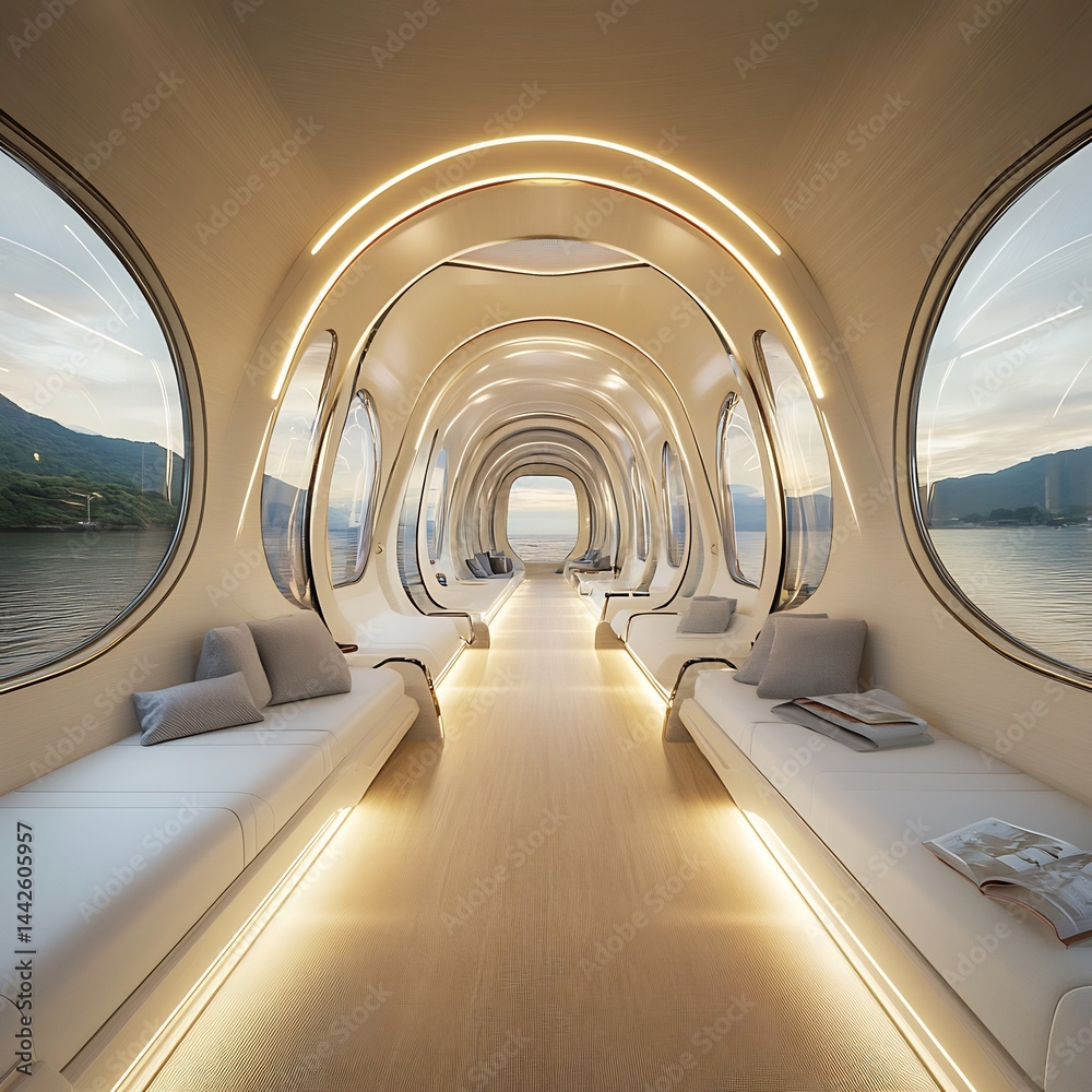 Obraz premium Hyper-Modern Train Carriage with Private Capsule Seating, Soft LED-Lit Pathways, and Panoramic Windows: Premium AI Art Concept for Posters, Banners, and Wallpapers