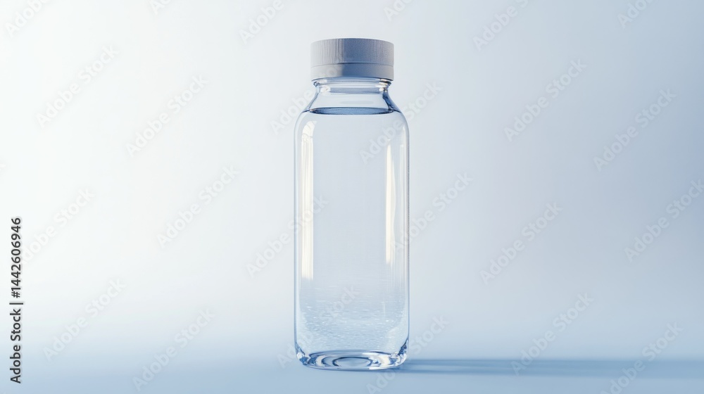A transparent glass bottle containing clear liquid on a blue background A transparent glass bottle containing clear liquid on a blue background