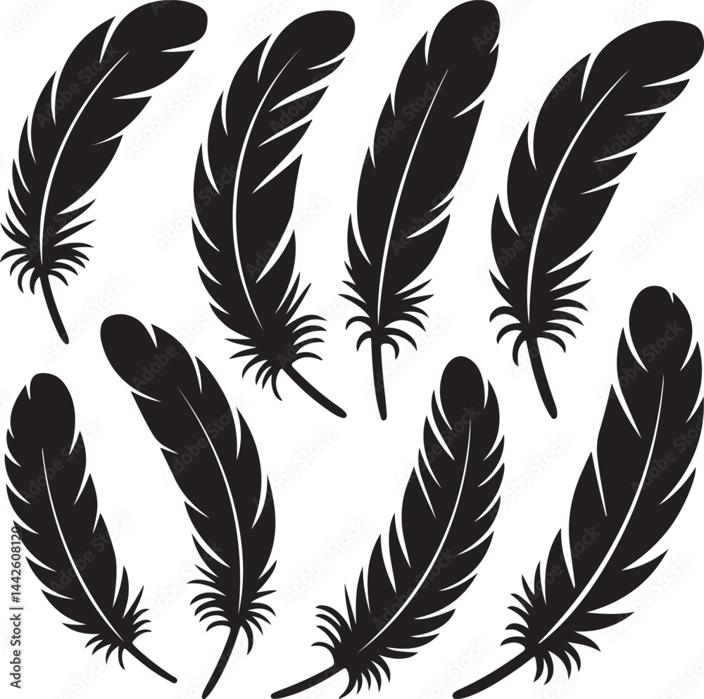 Silhouettes of feathers, long, curved, floating, tribal, stylized, natural, minimalist, vector, clipart
Silhouettes of feathers, long, curved, floating, tribal, stylized, natural, minimalist, vector, clipart