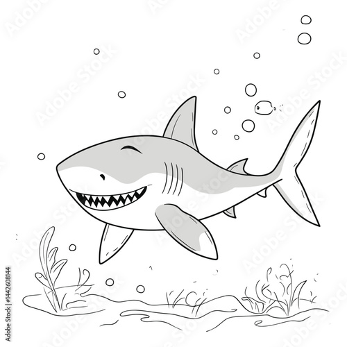 Cute Shark with Bubbles and Seaweed