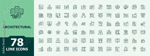 Architectural linear icon set. Plan related icon set. Pack of architect, project, blueprint, architecture, engineering, measurement, design and more. Minimalist icons collection.