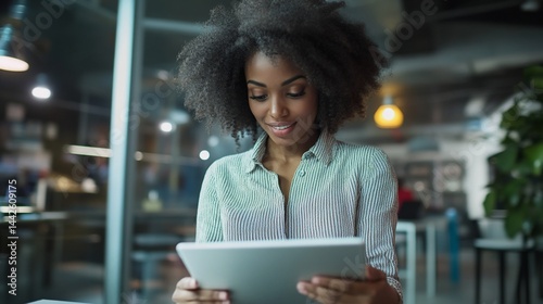 African-American woman using tablet in modern office, technology concept