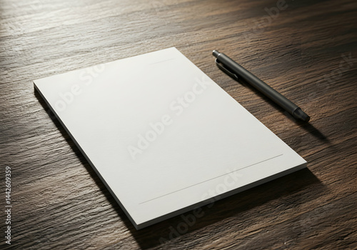 Blank notepad and pen on wooden table mockup design space for text or branding corporate identity presentation