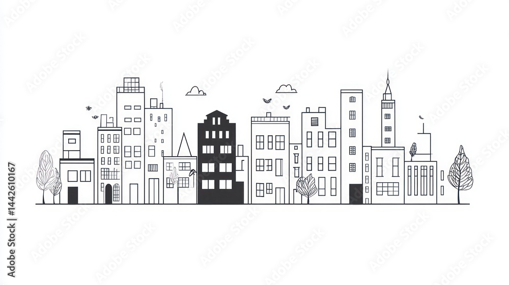 Fototapeta premium Cityscape skyline illustration, urban buildings, simple design, background clouds, website banner