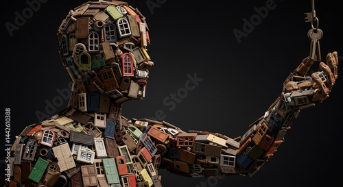Sculpture of human figure composed of multicolored doors holding a key