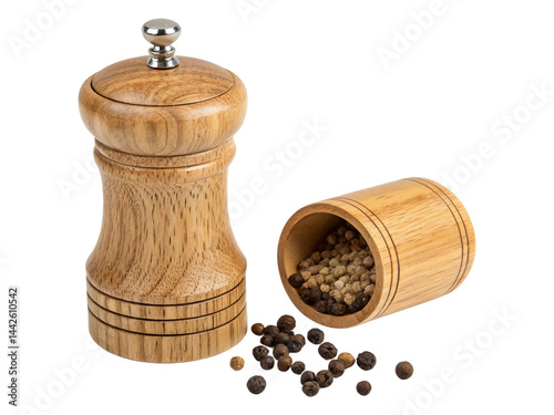 Wooden pepper grinder isolated on a white background.