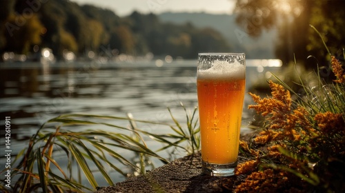 Fototapeta Naklejka Na Ścianę i Meble -  Cloudy wheat beer in a tall glass by a tranquil lake in Bavaria during golden hour