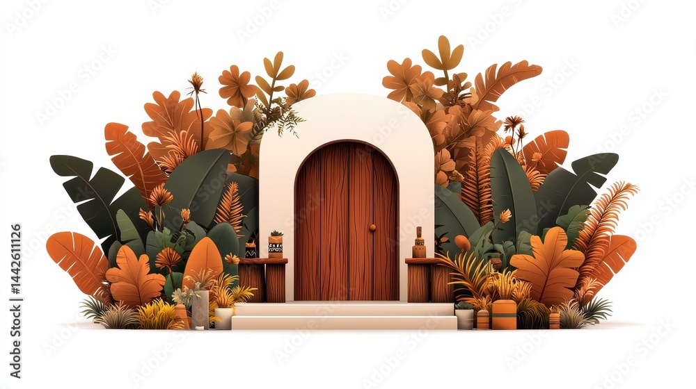 Fototapeta premium A wooden arched door is surrounded by lush, orange and green tropical plants, creating a warm and inviting entrance.