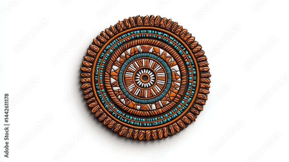 Obraz premium A circular, intricate mandala design with geometric patterns in blue, orange, and gold tones on a white background.