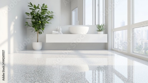 Modern white bathroom interior with city view